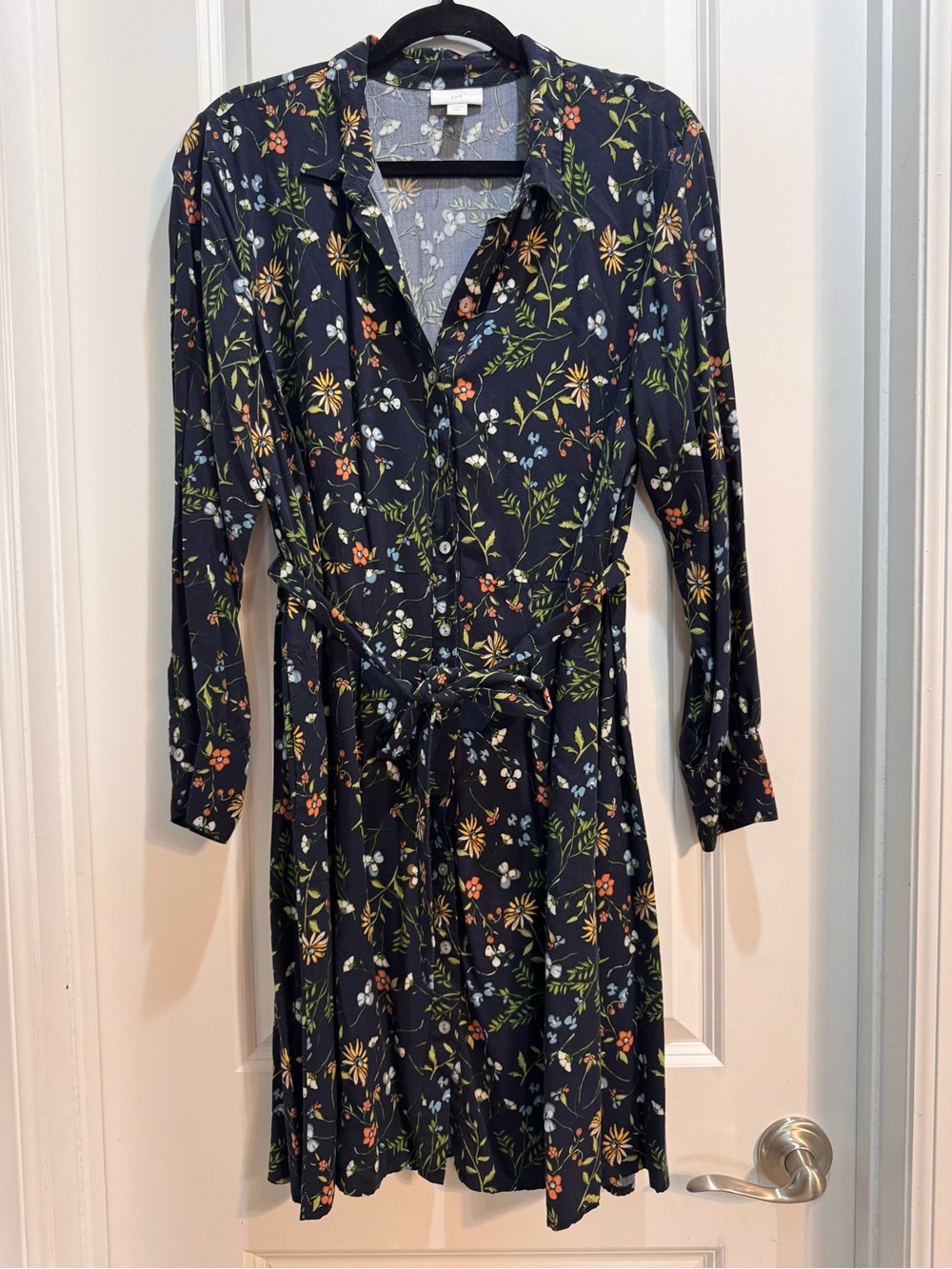 J Jill Blue Floral Long Sleeve Dress LargePet Collared ButtonDown Slide pockets